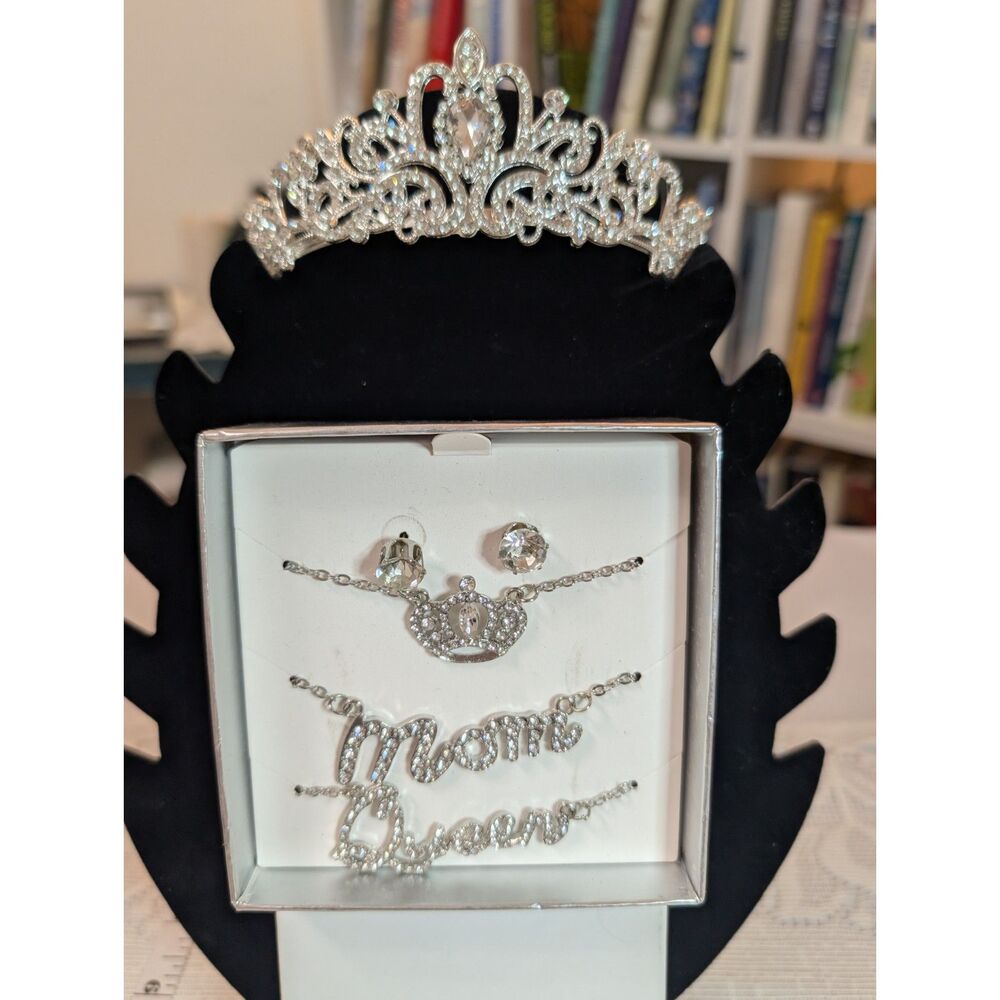 Rhinestone Tiara Crown & Matching Jewelry Set Mom Queen Crown Necklace Earrings